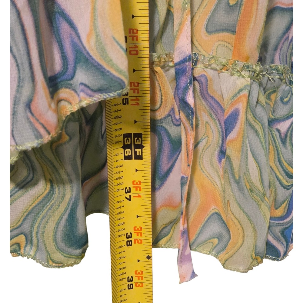 Dizzire Marble Swirl Kimono Tie Waist High Low Ruffle Cover Up Green Blue Medium - Picture 4 of 6